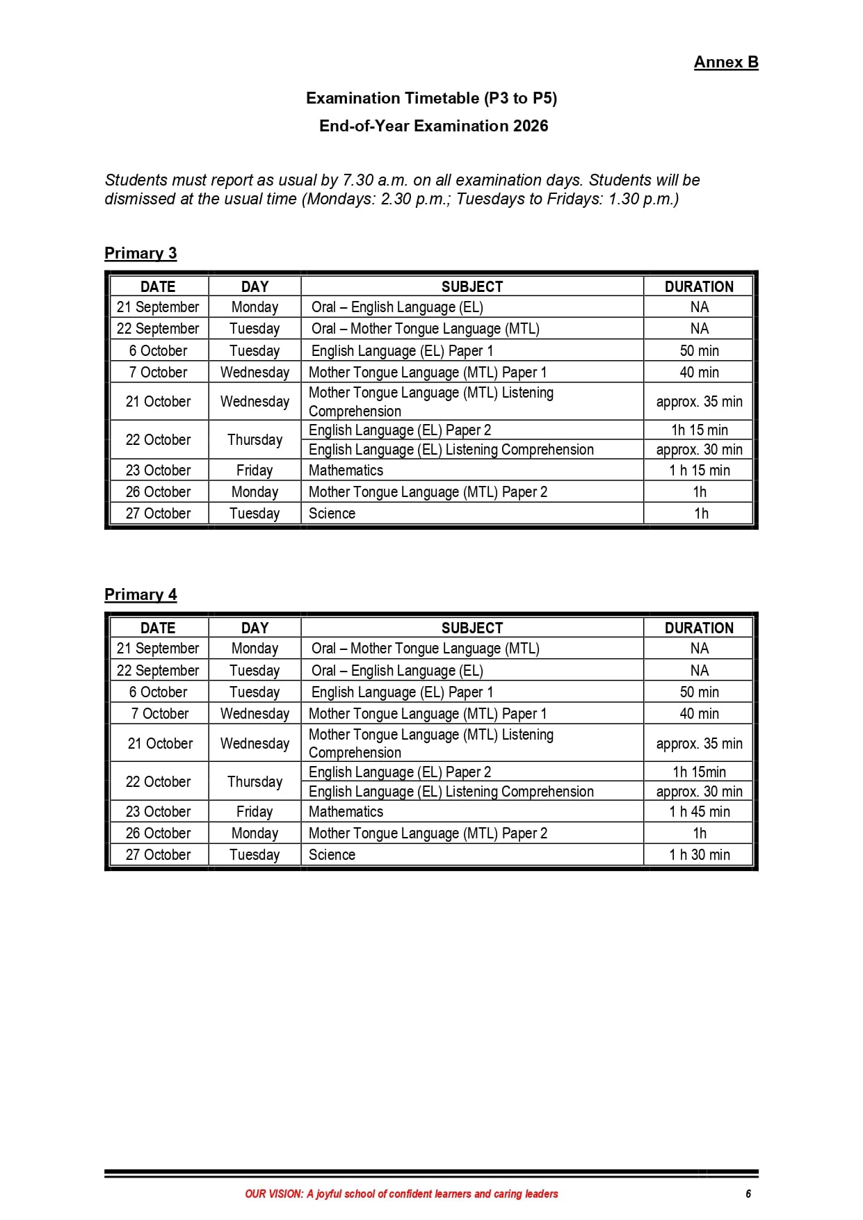 Examination timetable 2026 for Primary 3 and 4, listing dates, subjects and durations in a table.